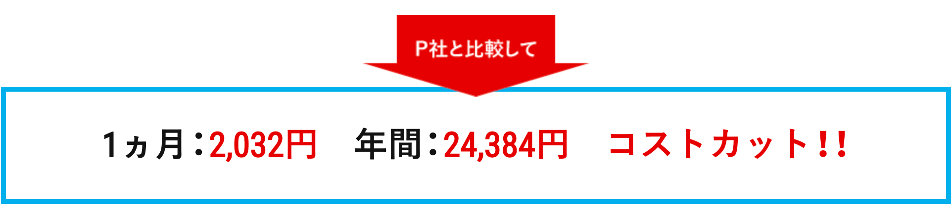 P社と比較して 1ヵ月:2，032円　年間:24,384円　コストカット!!